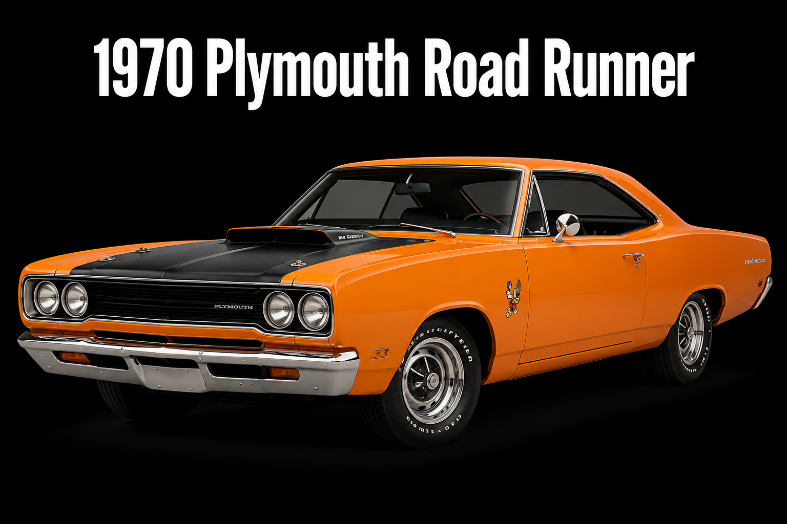Orange 1970 Plymouth Road Runner artwork on a black metal sign